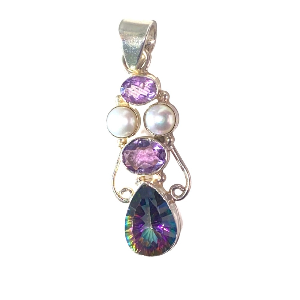 Teardrop Ammolite/Gem Ammonite, Pearl and Amethyst Pendant 925 Sterling